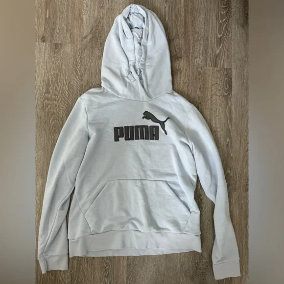 Puma EUC Logo Hoodie Sweatshirt Size M Blue Gray Drawstrings Front Pocket - Picture 2 of 4